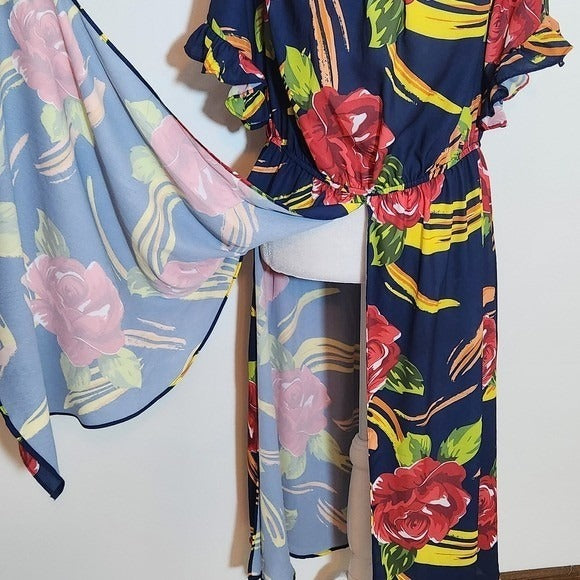 New York & Company Navy Floral Print Tunic with Long Panels Size Large