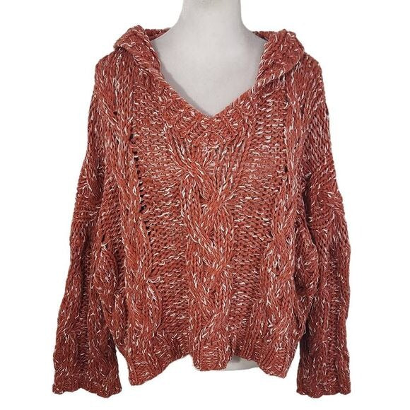 Hyfve Coral Red Oversized Chunky Knit Cropped Sweater Hoodie Size Small