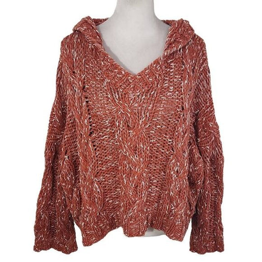 Hyfve Coral Red Oversized Chunky Knit Cropped Sweater Hoodie Size Small