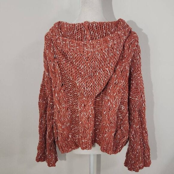Hyfve Coral Red Oversized Chunky Knit Cropped Sweater Hoodie Size Small