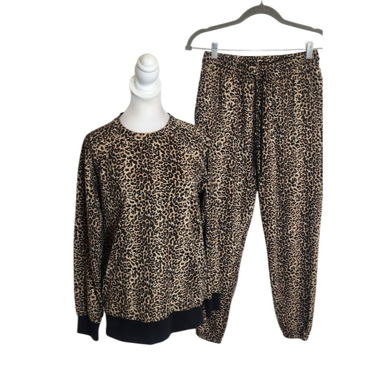 Tezenis Black and Brown Leopard Print Two Piece Pajama Lounge Set Size Small