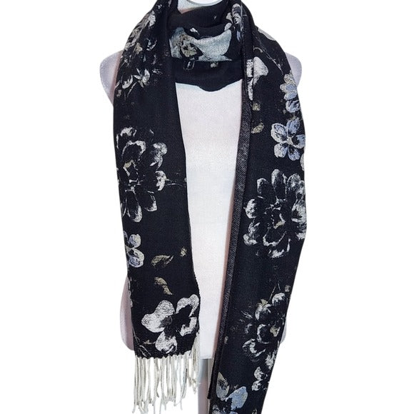 Liz Claiborne Floral Black and White Woven Scarf with Fringe One Size