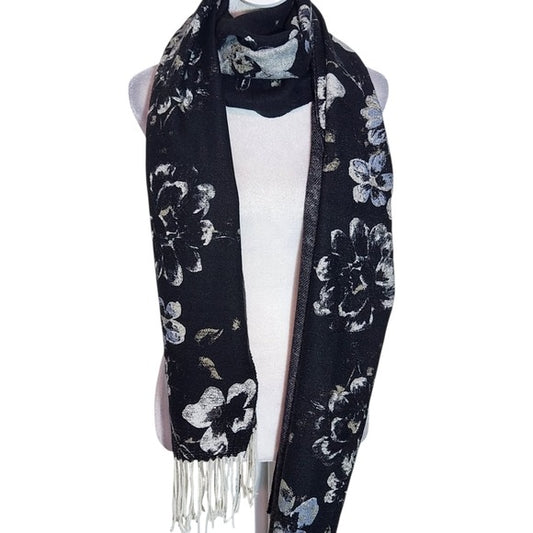 Liz Claiborne Floral Black and White Woven Scarf with Fringe One Size