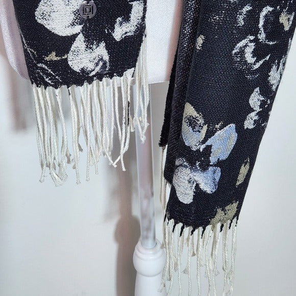 Liz Claiborne Floral Black and White Woven Scarf with Fringe One Size