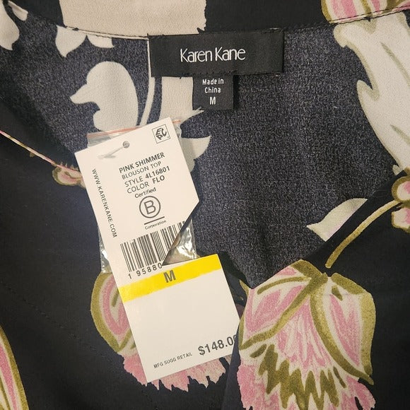 Karen Kane Black and Pink Floral Print Blouse Size Medium NWT