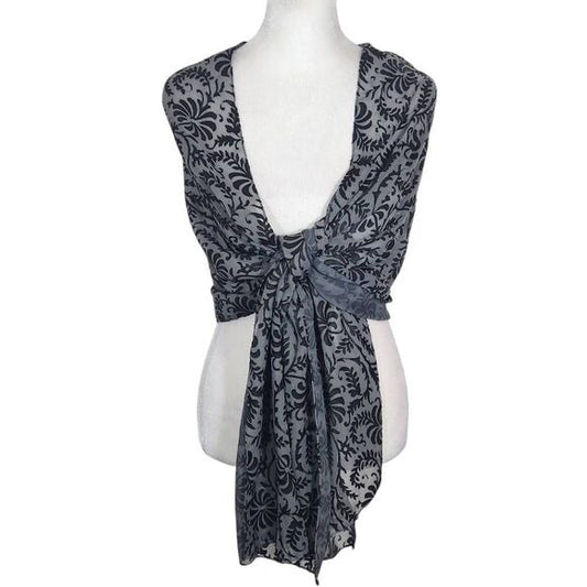 Cejon Black and Gray Textured Wrap One Size Sheer Scarf with Black Leaf Pattern
