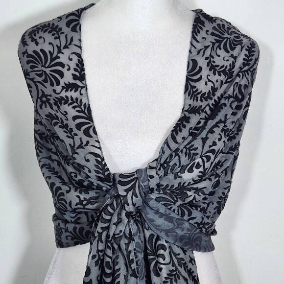 Cejon Black and Gray Textured Wrap One Size Sheer Scarf with Black Leaf Pattern