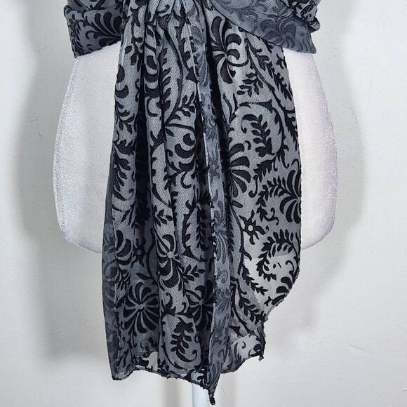 Cejon Black and Gray Textured Wrap One Size Sheer Scarf with Black Leaf Pattern