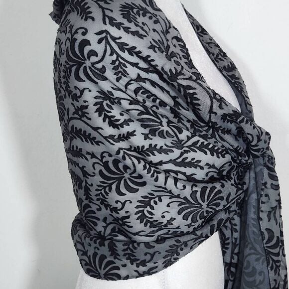 Cejon Black and Gray Textured Wrap One Size Sheer Scarf with Black Leaf Pattern