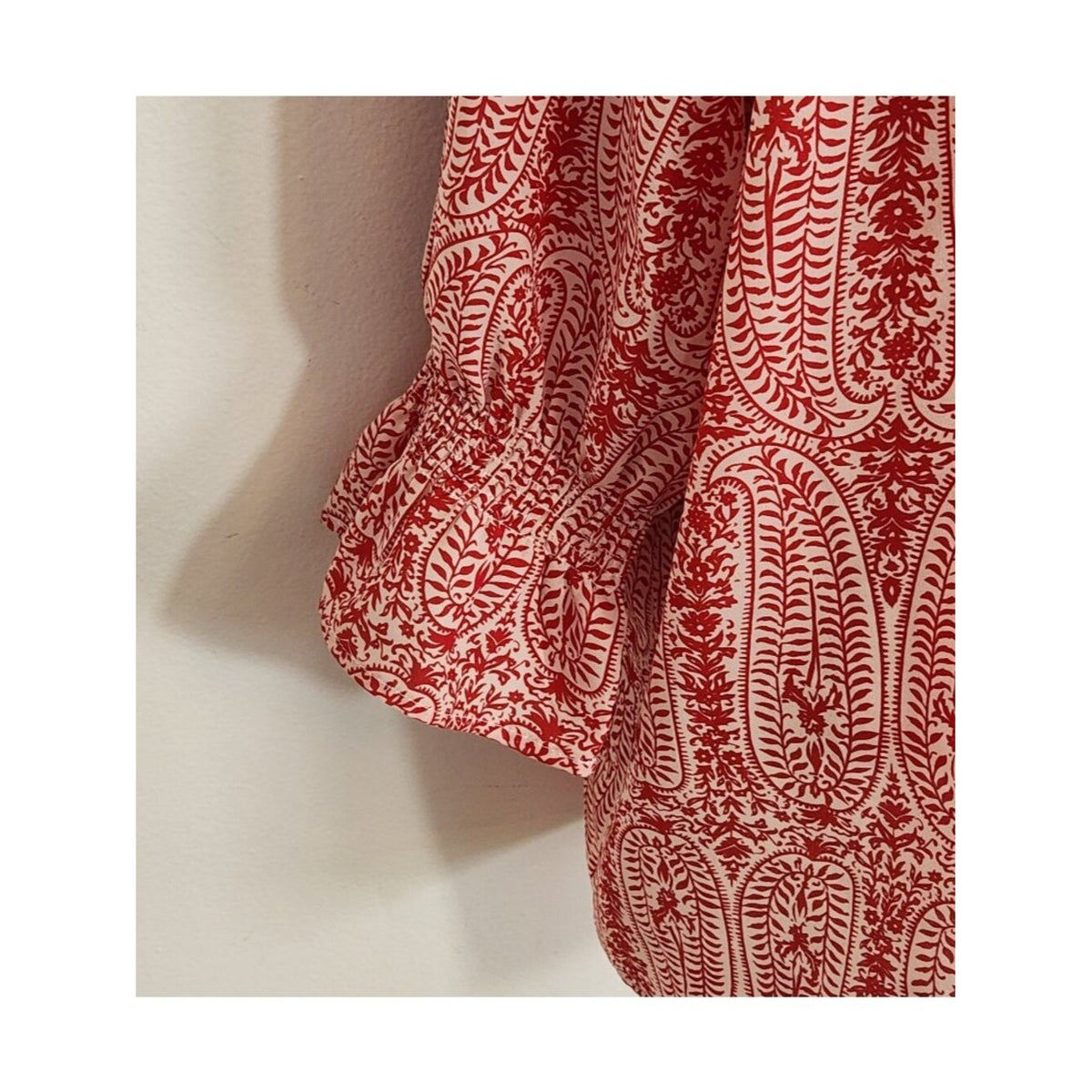 First Love Red and White Boho Print Blouse with Semi Sheer Fabric Size Large