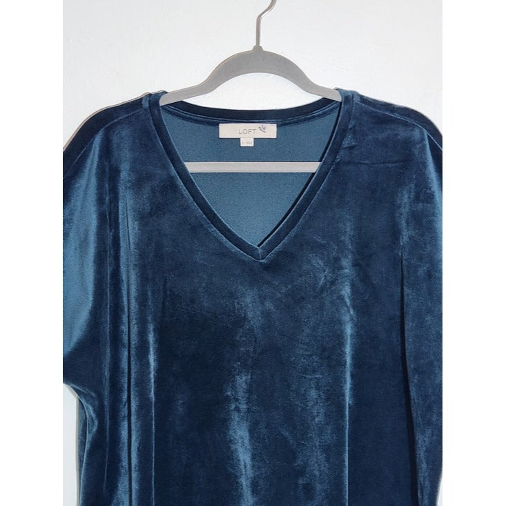 Loft Teal Blue Velour V Neck Top Size Large