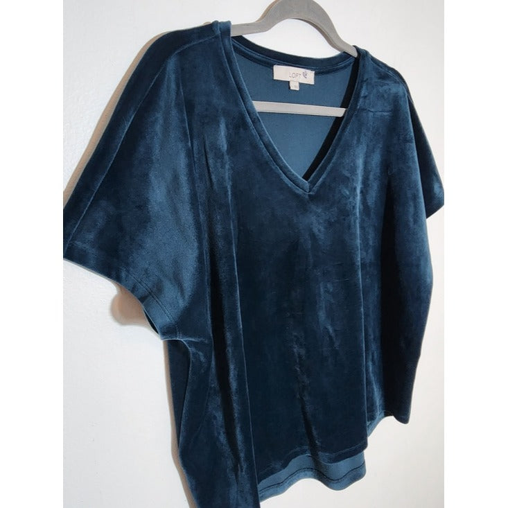 Loft Teal Blue Velour V Neck Top Size Large