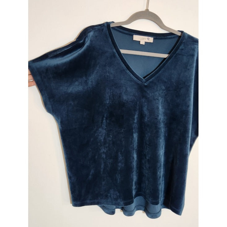 Loft Teal Blue Velour V Neck Top Size Large