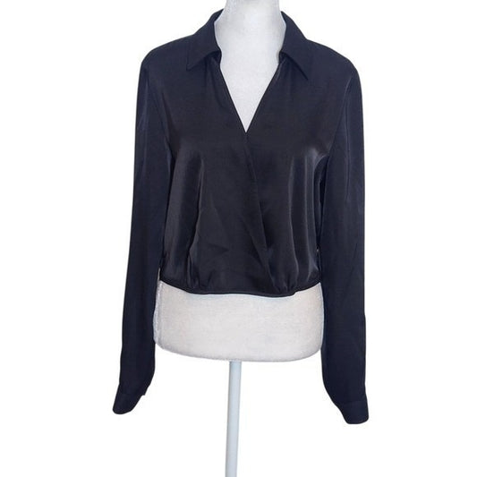 Rachel Zoe Black Satin Wrap-Style Long Sleeve Crop Top Size Medium