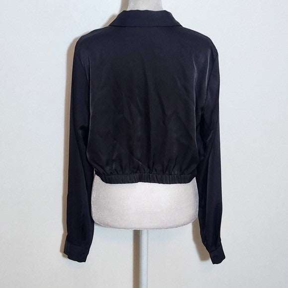 Rachel Zoe Black Satin Wrap-Style Long Sleeve Crop Top Size Medium