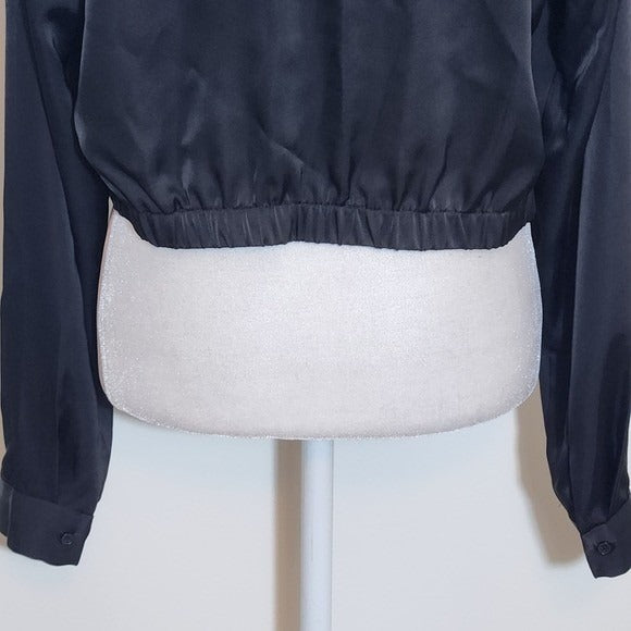Rachel Zoe Black Satin Wrap-Style Long Sleeve Crop Top Size Medium