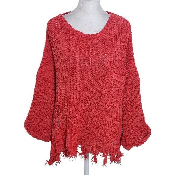 White Birch Distressed Red Knit Sweater Size Medium Red Chunky Knit Sweater