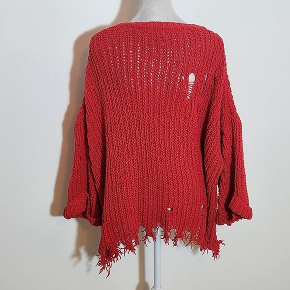 White Birch Distressed Red Knit Sweater Size Medium Red Chunky Knit Sweater