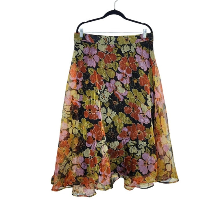 Ashley Stewart Womens Black Floral Organza Pull-On Skirt Size 14/16 NWT