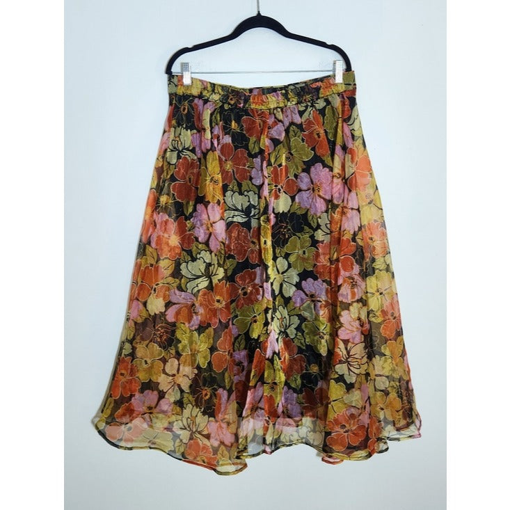 Ashley Stewart Womens Black Floral Organza Pull-On Skirt Size 14/16 NWT