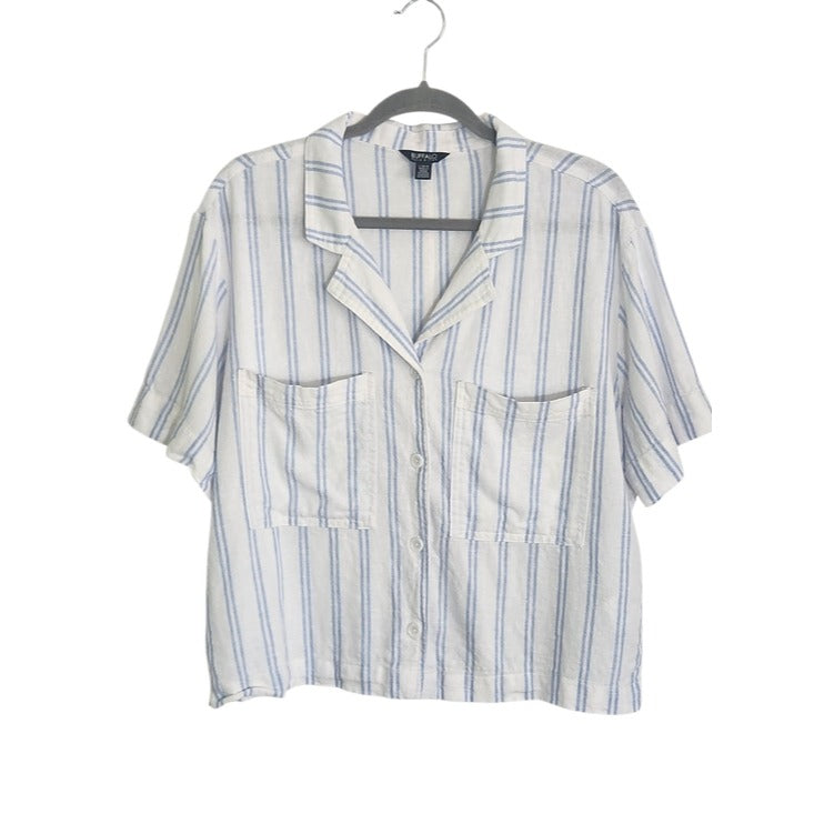Buffalo David Bitton White and Blue Stripe Button Up Top Size Large