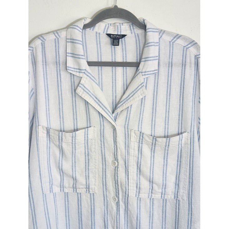 Buffalo David Bitton White and Blue Stripe Button Up Top Size Large