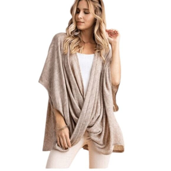 Kori Tan Draped Oversized Sweater Size Large Heather Brown Short Sleeve Sweater