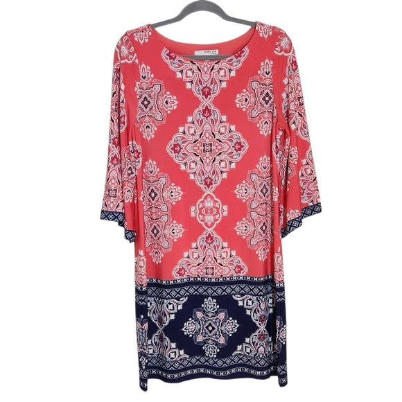 Studio One Coral Pink and Navy Print Shift Dress Size PM Wedding Guest Dress