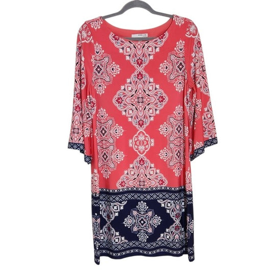 Studio One Coral Pink and Navy Print Shift Dress Size PM Wedding Guest Dress