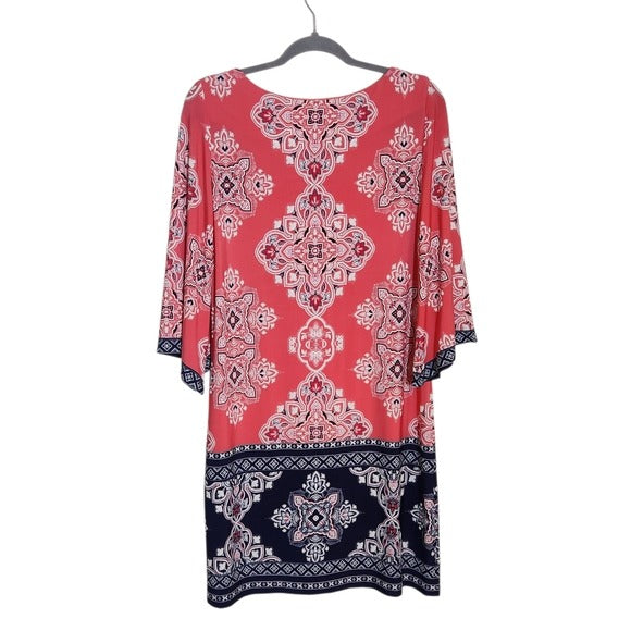 Studio One Coral Pink and Navy Print Shift Dress Size PM Wedding Guest Dress