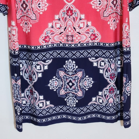 Studio One Coral Pink and Navy Print Shift Dress Size PM Wedding Guest Dress
