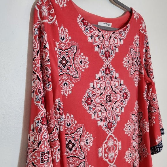 Studio One Coral Pink and Navy Print Shift Dress Size PM Wedding Guest Dress