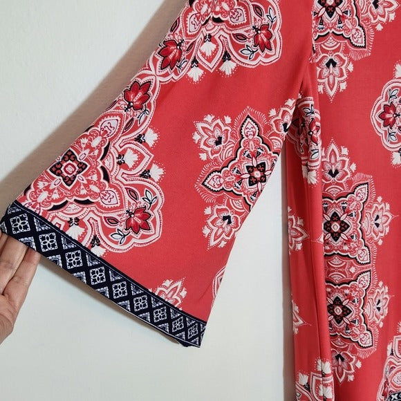 Studio One Coral Pink and Navy Print Shift Dress Size PM Wedding Guest Dress
