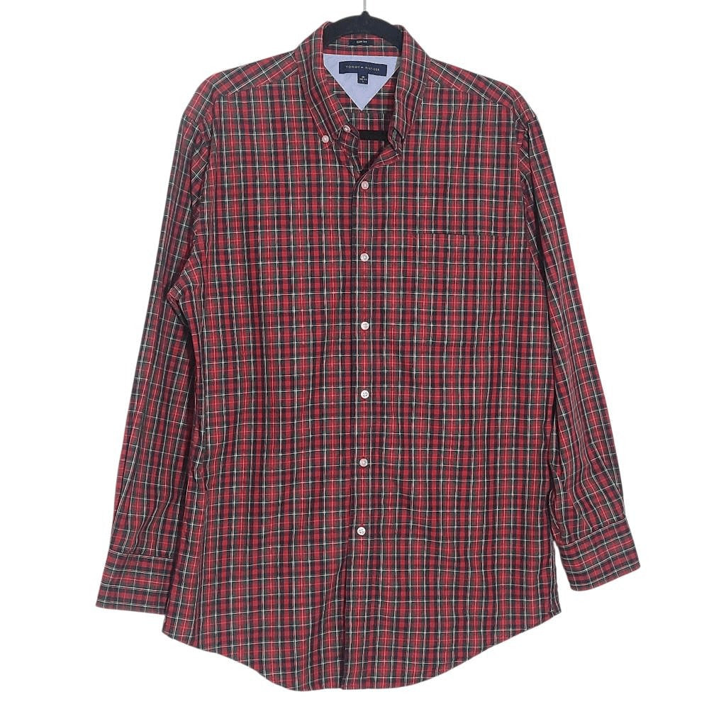 Tommy Hilfiger Red Plaid Button Down Shirt Size Large Slim Fit Red Preppy Shirt