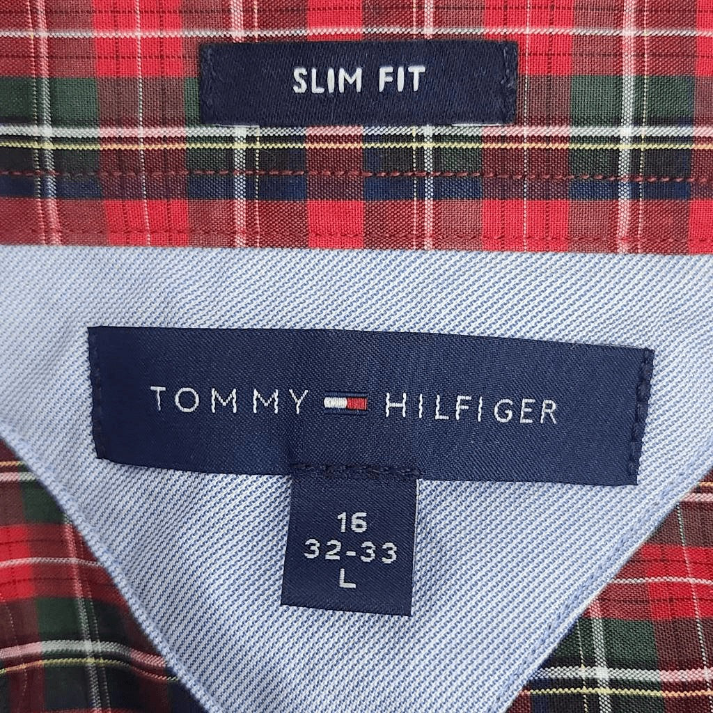 Tommy Hilfiger Red Plaid Button Down Shirt Size Large Slim Fit Red Preppy Shirt