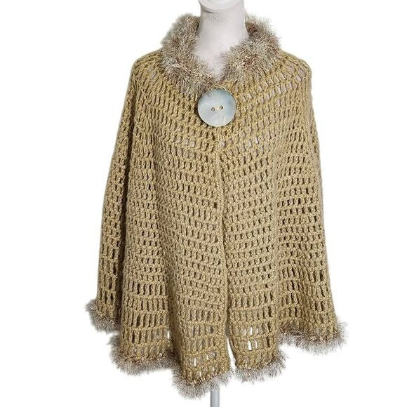 Tan Hand-Knitted Open Weave Cape with Oversized Button and Fuzzy Trim One Size