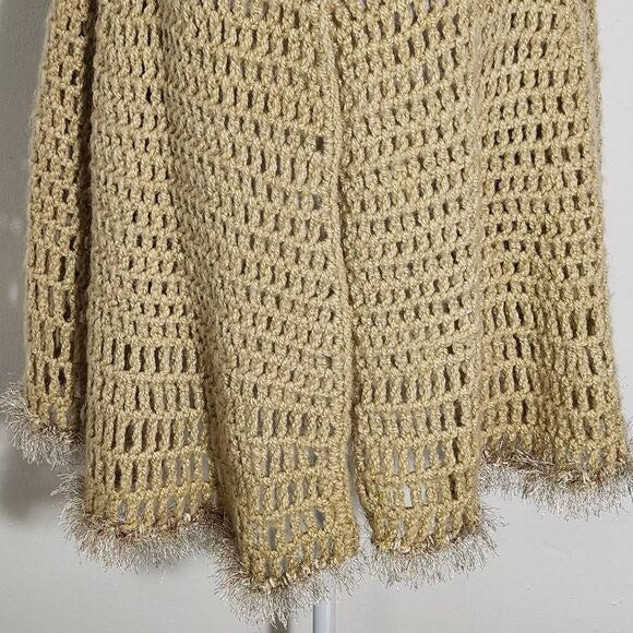 Tan Hand-Knitted Open Weave Cape with Oversized Button and Fuzzy Trim One Size