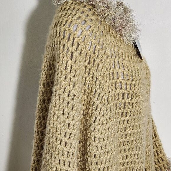 Tan Hand-Knitted Open Weave Cape with Oversized Button and Fuzzy Trim One Size