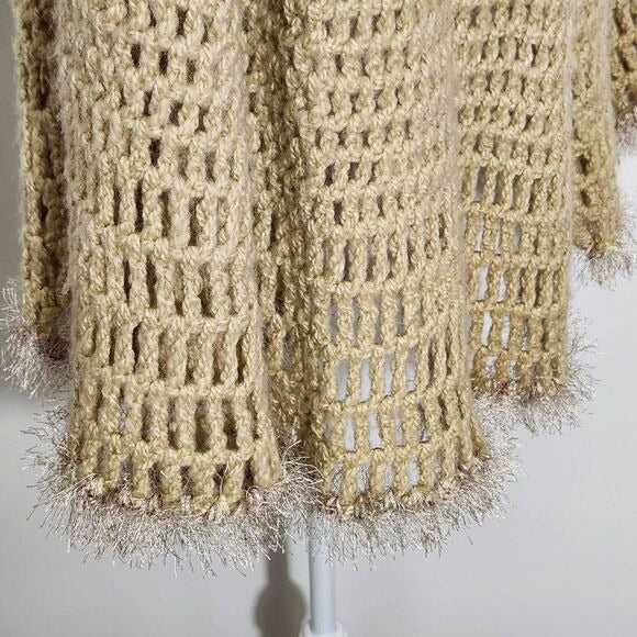 Tan Hand-Knitted Open Weave Cape with Oversized Button and Fuzzy Trim One Size