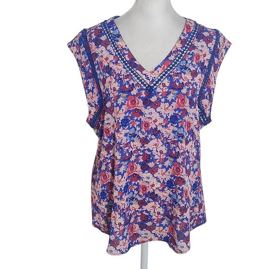 41 Hawthorne Pink and Blue Floral V-Neck Blouse Size Medium