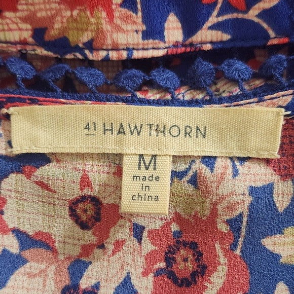 41 Hawthorne Pink and Blue Floral V-Neck Blouse Size Medium