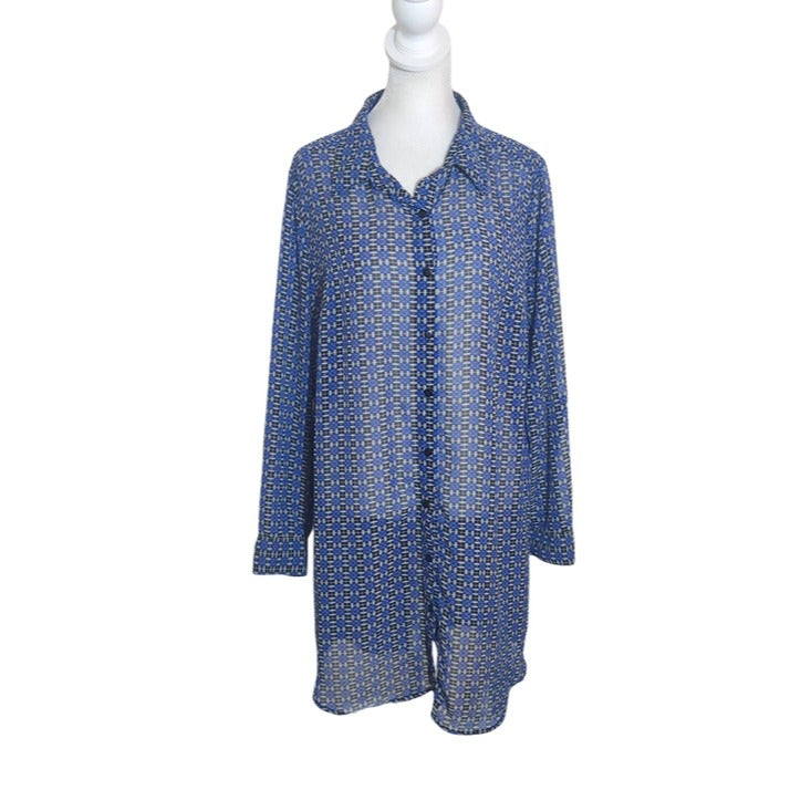 Mlle Gabrielle Blue and Black Print Button-up Sheer Tunic Size Large