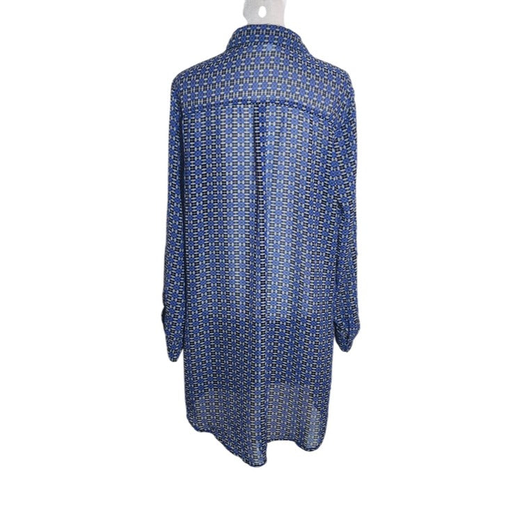 Mlle Gabrielle Blue and Black Print Button-up Sheer Tunic Size Large