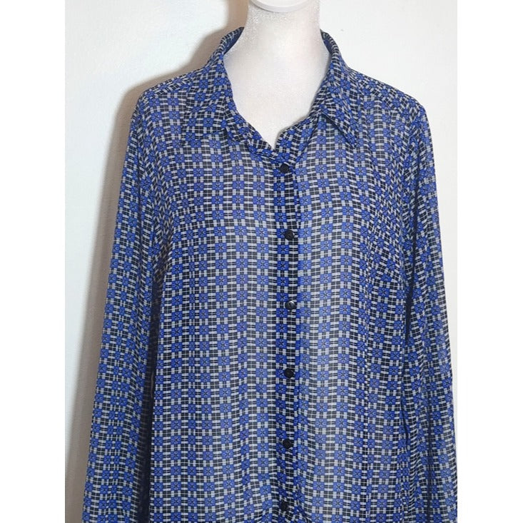 Mlle Gabrielle Blue and Black Print Button-up Sheer Tunic Size Large