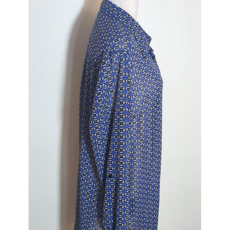 Mlle Gabrielle Blue and Black Print Button-up Sheer Tunic Size Large