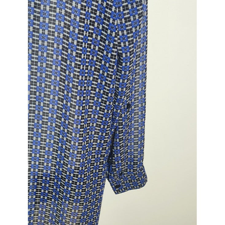 Mlle Gabrielle Blue and Black Print Button-up Sheer Tunic Size Large