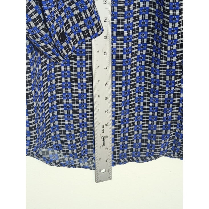 Mlle Gabrielle Blue and Black Print Button-up Sheer Tunic Size Large