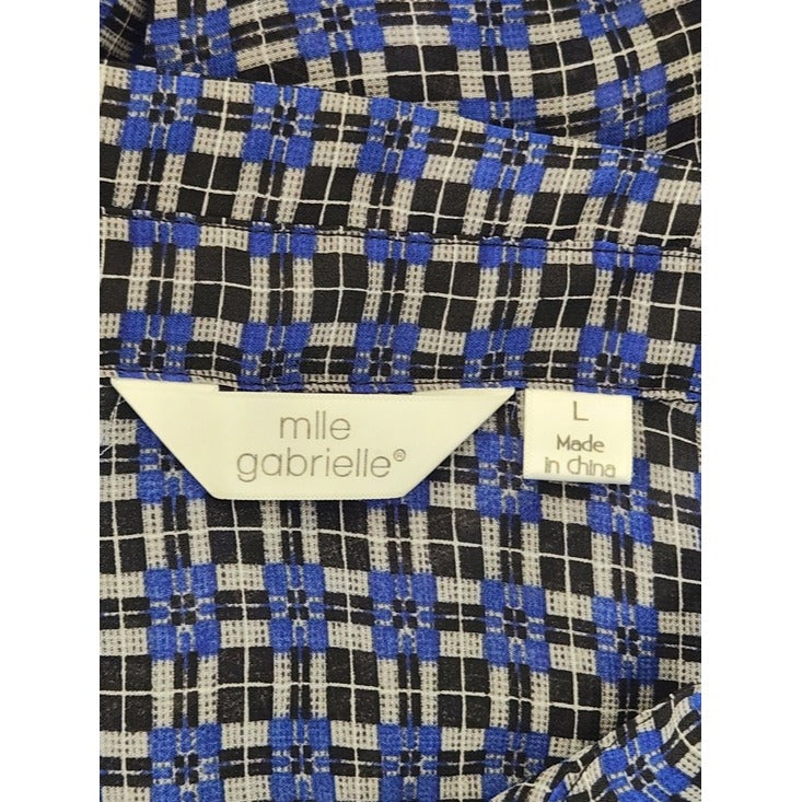 Mlle Gabrielle Blue and Black Print Button-up Sheer Tunic Size Large