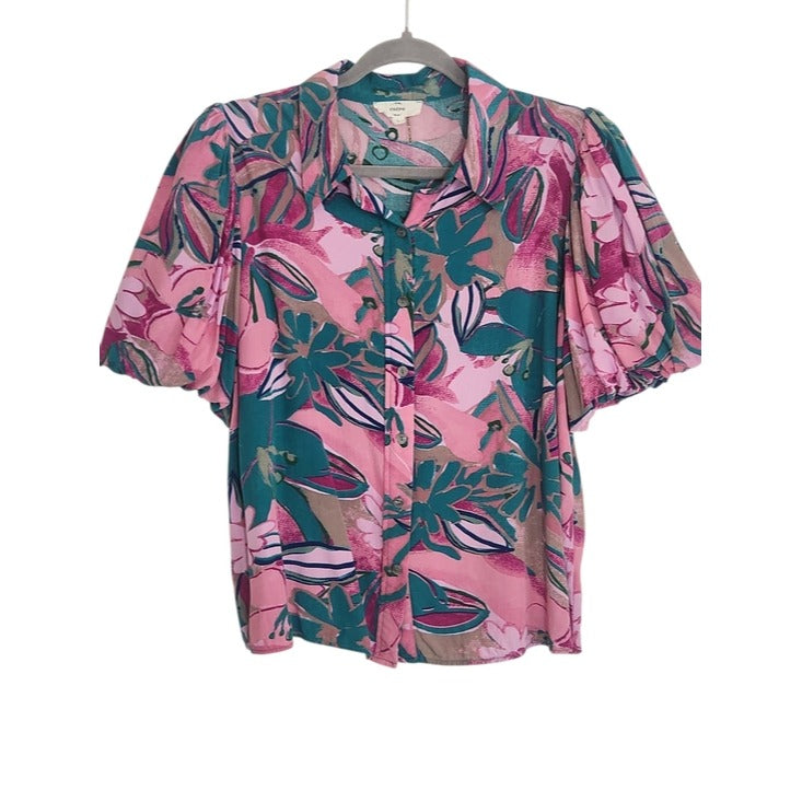 Entro Pink and Teal Green Tropical Print Puffy Sleeve Blouse Size Large