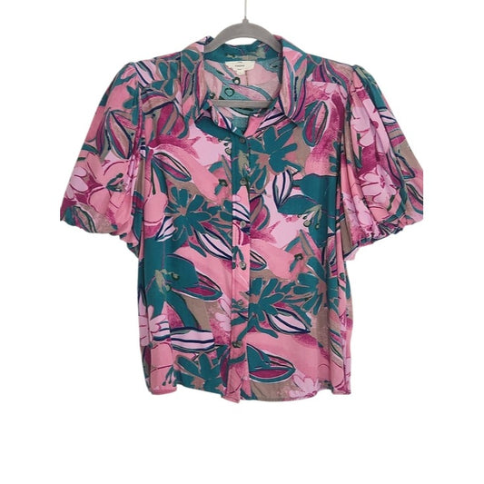 Entro Pink and Teal Green Tropical Print Puffy Sleeve Blouse Size Large